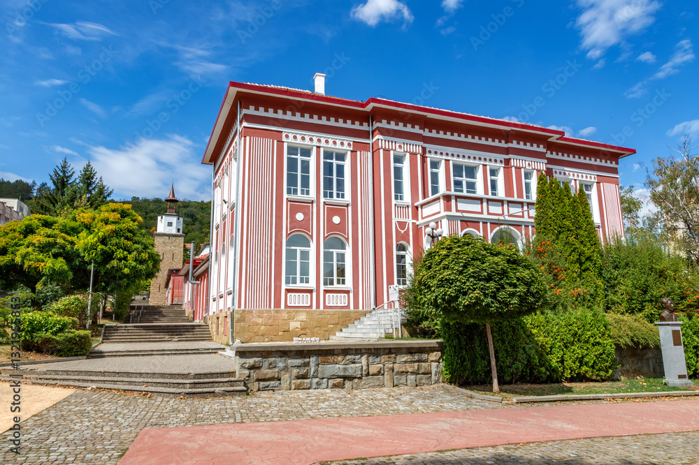 View of colorful historic building of Dryanovo town Bulgaria.