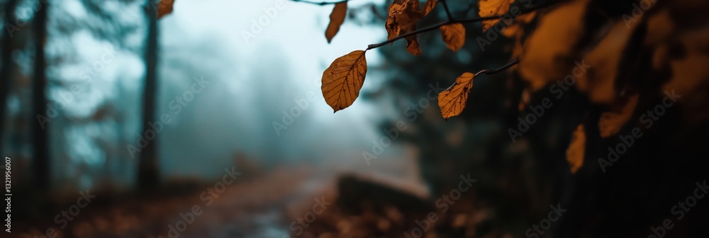 Obraz premium A tranquil forest scene shrouded in autumn fog, emphasizing the golden leaves that cling to the branches, creating a mystical atmosphere that invites exploration.