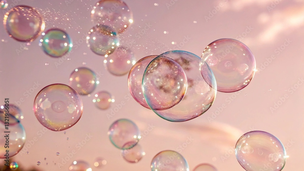 Close-Up of Shimmering Soap Bubbles Reflecting the Sunset Sky Close-Up of Shimmering Soap Bubbles Reflecting the Sunset Sky