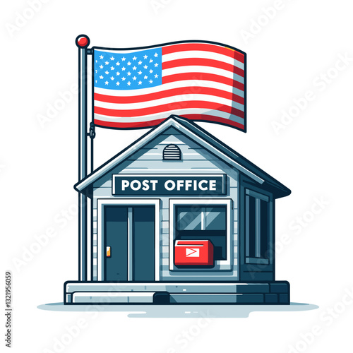 Post office building with American flag vector illustration. Ideal for postal service communications, government agency information, and national mail delivery program promotions.