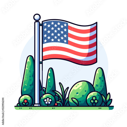 American flag in garden with green bushes vector illustration. Ideal for patriotic landscaping, community beautification programs, and national garden society initiatives.