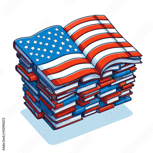 Stack of books with American flag covers vector illustration. Perfect for US history education resources, patriotic literature collections, and American studies academic programs.
