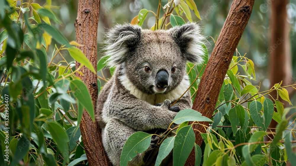 A calm koala resting in a eucalyptus tree, surrounded by green foliage. A calm koala resting in a eucalyptus tree, surrounded by green foliage.