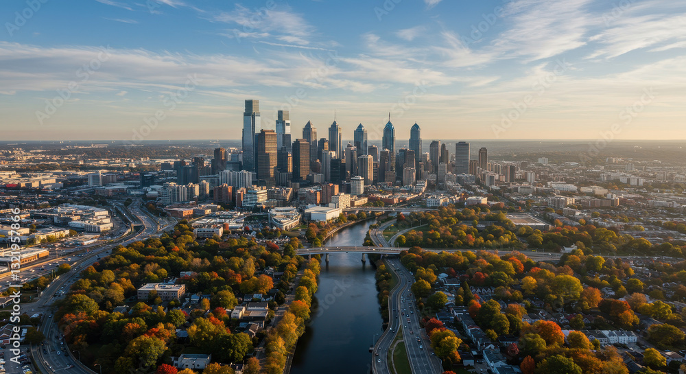 Obraz premium Philadelphia Skyline at Golden Hour: Breathtaking Aerial View of Cityscape, River, & Autumn Foliage