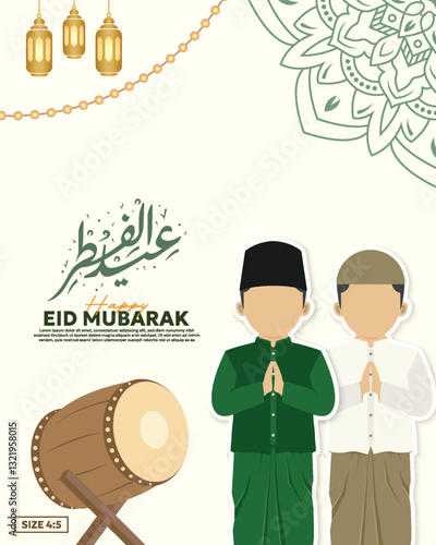happy eid mubarak greetings design template with flat illustration