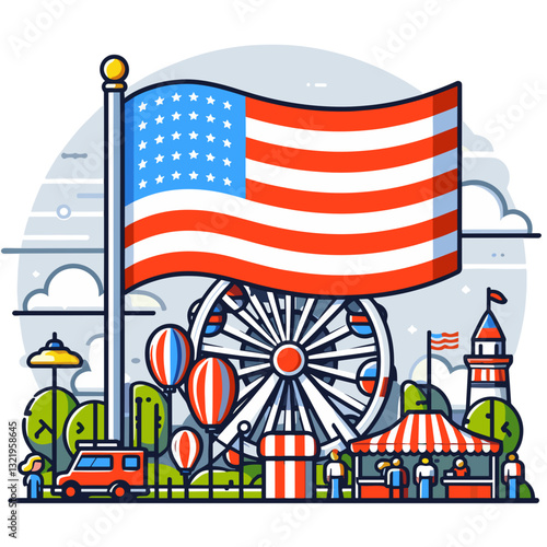 American flag flying over carnival fairground with Ferris wheel vector illustration. Ideal for patriotic festivals, county fairs, and national celebration event promotions.