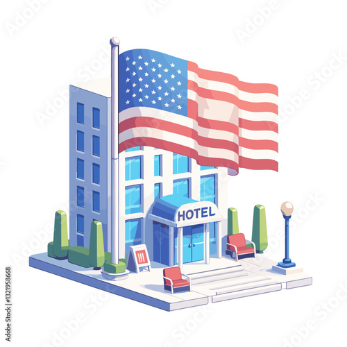 American flag with hotel building in urban setting vector illustration. Perfect for US hospitality industry, tourism accommodation services, and patriotic travel destination marketing.