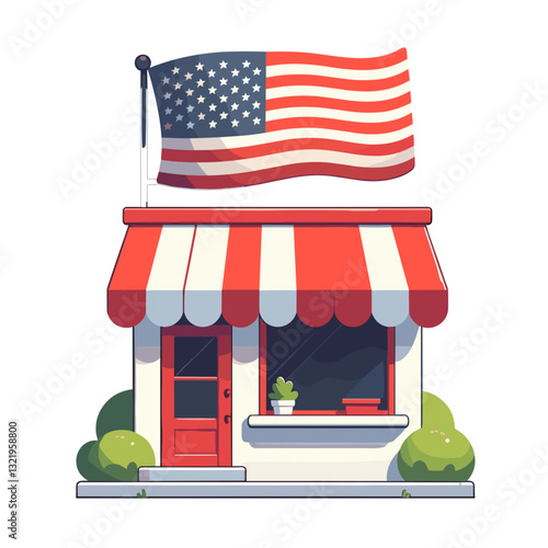 American flag above small store with striped awning vector illustration. Perfect for small business support campaigns, patriotic retail associations, and local commerce initiative promotions.