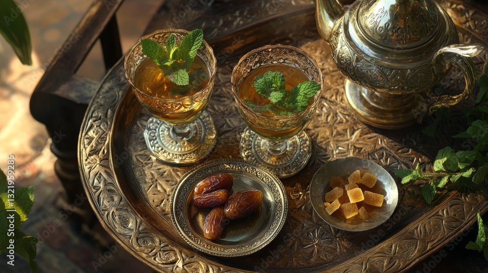 Fototapeta premium Moroccan Mint Tea with Dates and Candied Citrus on Ornate Tray