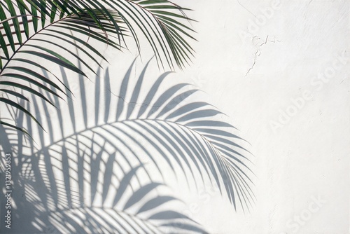 Abstract Tropical Leaf Shadow Overlay on White Textured Wall 
