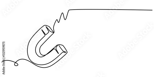One continuous line drawing of magnet. Client and talent attraction concept in simple linear style. Symbol of hiring and recruiting in Editable stroke of white background. Doodle vector illustration.