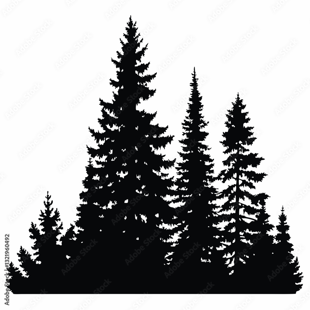 Obraz premium Fir trees silhouettes, Coniferous spruce horizontal background patterns, black evergreen woods vector illustration. Beautiful hand drawn panorama with treetops forest, forest silhouette