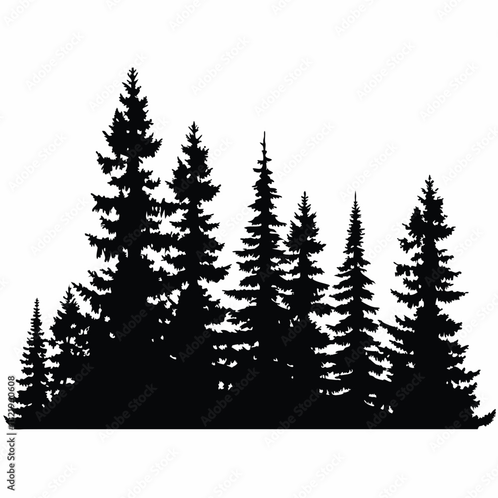 Fototapeta premium Fir trees silhouettes, Coniferous spruce horizontal background patterns, black evergreen woods vector illustration. Beautiful hand drawn panorama with treetops forest, forest silhouette