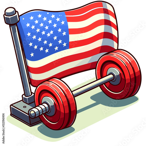 American flag with barbell weight training equipment vector illustration. Perfect for US military fitness programs, patriotic sports competitions, and national strength training initiatives.