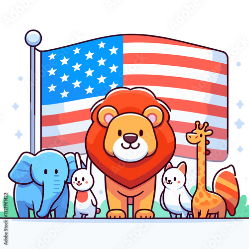 American flag with zoo animals vector illustration. Ideal for US wildlife conservation, patriotic environmental education, and American zoological institution promotions.