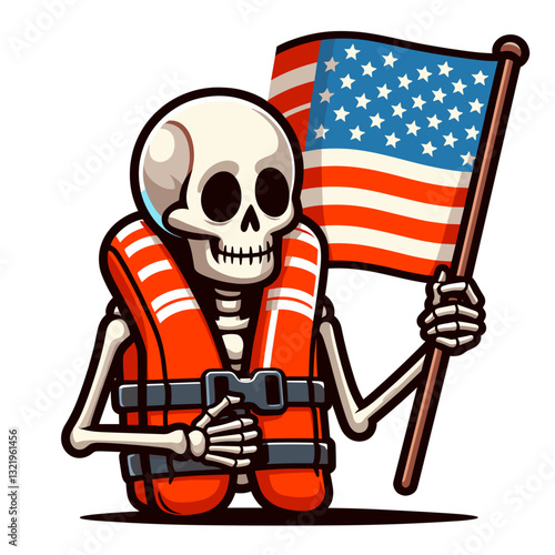 Skeleton in life vest holding American flag vector illustration. Suitable for maritime safety with patriotic themes, coast guard memorials, and naval casualty remembrance services.