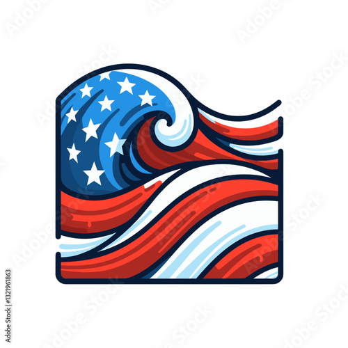 Dynamic American flag wave pattern vector illustration. Excellent for patriotic water sports, national coastal initiatives, and American maritime activity promotions.