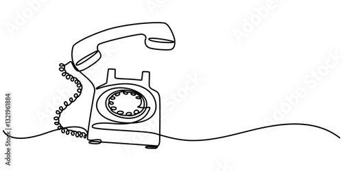 Old telephone continuous one line art drawing of outline vector illustration design, Continuous Line Drawing Of Rotary Telephone. One Line Of Old Telephone. Telephone Rings with Handset minimalist.