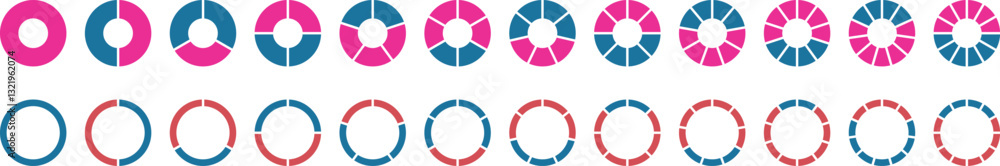 Fototapeta premium Circle pie chart diagram. Pie chart set. 1,2,3,4,5,6,7,8,9,10, sections or steps. Flat process cycle. Progress sectors. Vector 10 eps.
