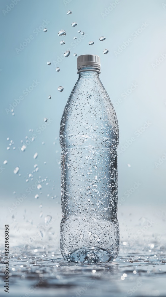 Clear Water Bottle with Splashing Water Droplets on Blue Background Clear Water Bottle with Splashing Water Droplets on Blue Background