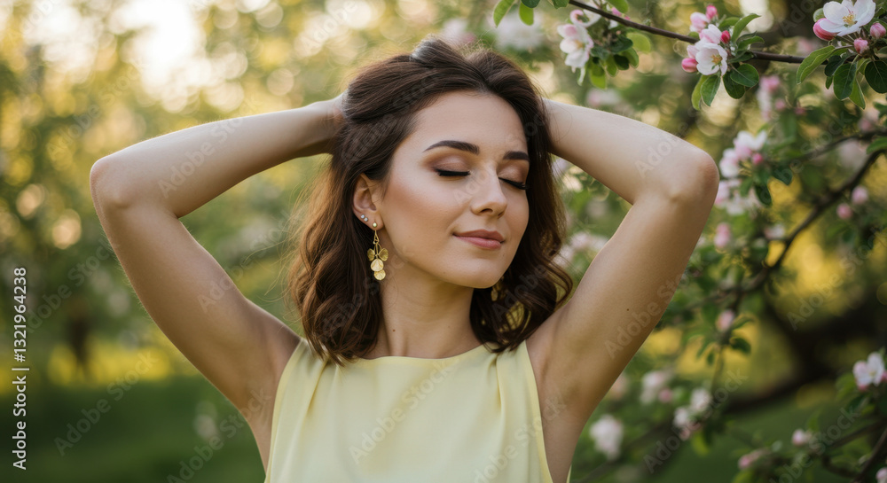 Serene Beauty: Woman in Blooming Orchard, Eyes Closed, Golden Earrings Serene Beauty: Woman in Blooming Orchard, Eyes Closed, Golden Earrings