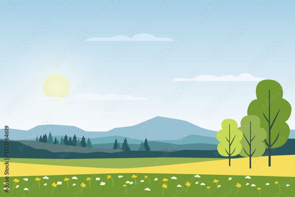 Fototapeta premium Summer flowering meadows and fields on the background of hills and mountains vector landscape illustration. Yellow and green fields and meadows, hills and mountains. Landscape of green meadows.