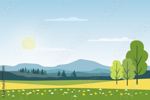 Summer flowering meadows and fields on the background of hills and mountains vector landscape illustration. Yellow and green fields and meadows, hills and mountains. Landscape of green meadows.
