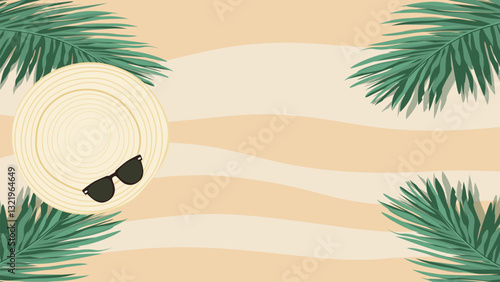 Summer hat and sunglasses on sandy beach with palm leaves. Hat, coconut leaves, sunglasses on sandy beach, vector illustration for background, banner and design.