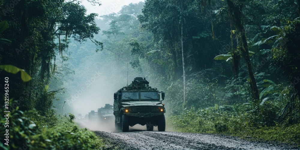 Military trucks navigate through a dense tropical forest. The humid air clings to the rugged vehicles. Nature meets power in this unique scene. Adventure awaits in the wild. AI Military trucks navigate through a dense tropical forest. The humid air clings to the rugged vehicles. Nature meets power in this unique scene. Adventure awaits in the wild. AI