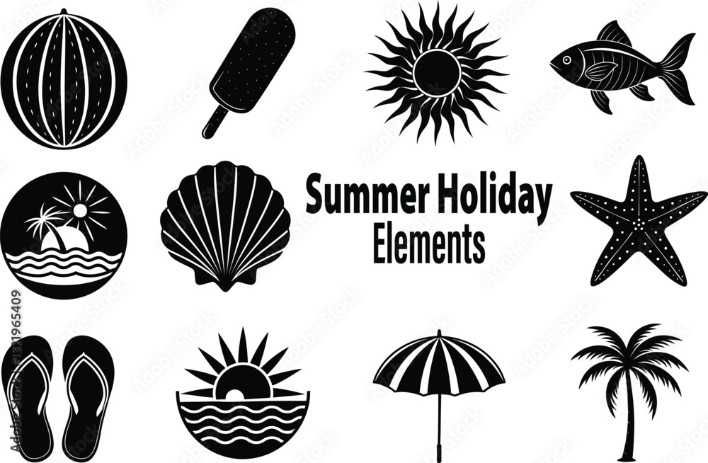 summer elements silhouette vector art. summer elements silhouette vector art.