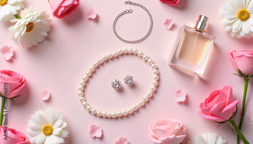 Elegant jewelry, perfume bottle, and flowers arranged on pink fabric backdrop