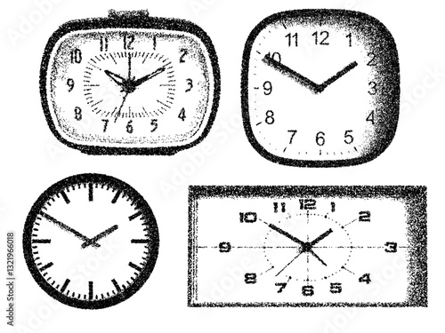 Halftone monochrome stipple elements set clock, time. Grunge punk dots texture for y2k collage design Retro photocopy vector illustration