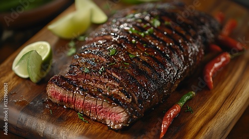 A sizzling hot flank steak, freshly grilled and sliced, resting on a rustic wooden serving board. The steak is garnished with a bold chimichurri sauce, flame-charred bell peppers,