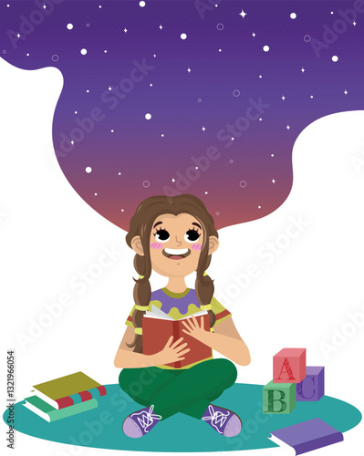 girl with book in hands cheerful and beautiful dreams on white background. Book cover