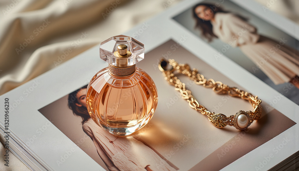 Elegant perfume bottle beside fashion magazine and golden bracelet on fabric