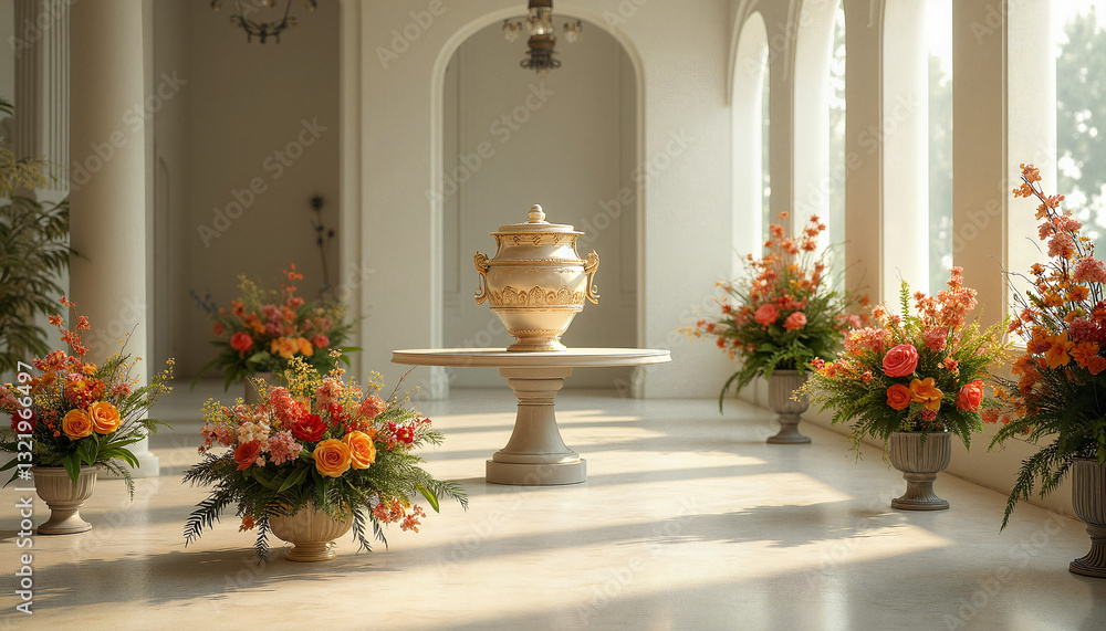 Elegant urn surrounded by vibrant floral arrangements in sunlit room