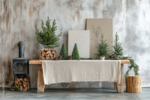 Rustic Christmas decor with fir trees, wood stove, and linen tablecloth on wooden table against a textured wall.