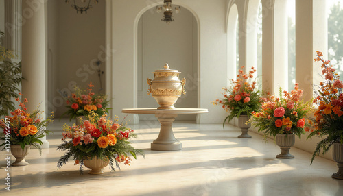 Elegant urn surrounded by vibrant floral arrangements in sunlit room