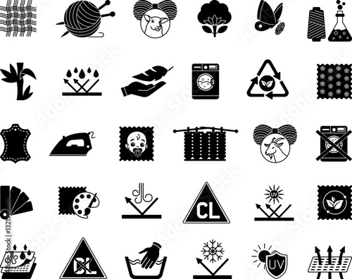 Black Icons Material Characteristics. Vector Illustrations Textile, Leather, Yarn, Cotton, Silk, Wool, Cashmere, Synthetic Knitted, Bamboo, Waterproof, Breathable, Eco-Friendly, For Kids, and Others