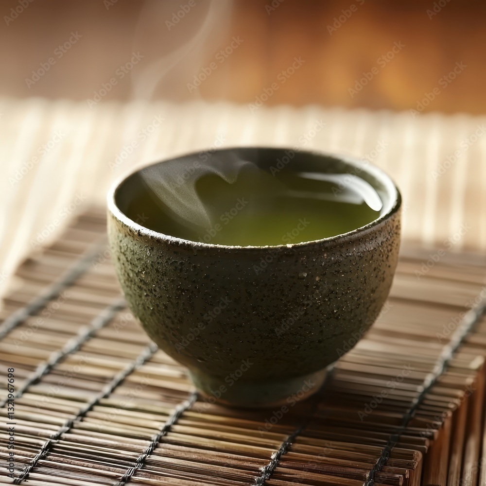Hot Green Tea in a Traditional Ceramics Bowl on Bamboo Mat Hot Green Tea in a Traditional Ceramics Bowl on Bamboo Mat