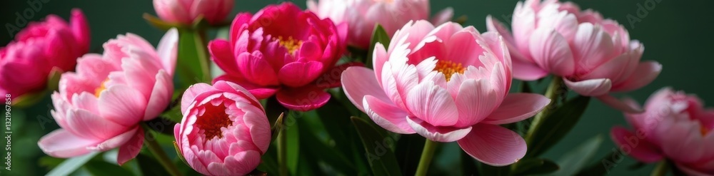 Bold blooming peony bouquet, vibrant colors, lush greenery, leaves, fabric Bold blooming peony bouquet, vibrant colors, lush greenery, leaves, fabric
