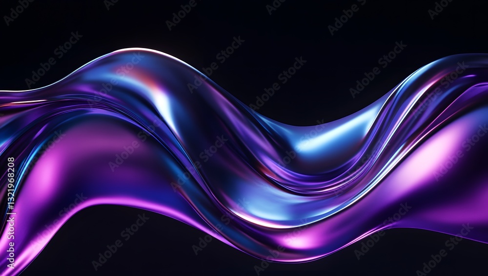 Fototapeta premium Wavy shape in shades of purple and blue on a black background, with a fluid, metallic design.