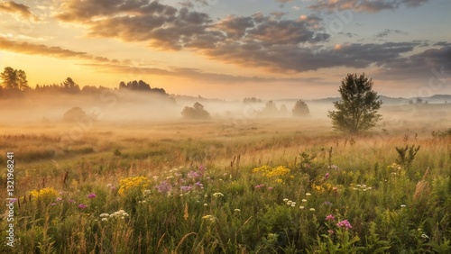 Misty meadow at sunrise with wildflowers and golden light
