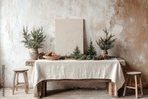 Rustic Christmas table setting with linen tablecloth, fir branches, pine cones, and blank canvas.