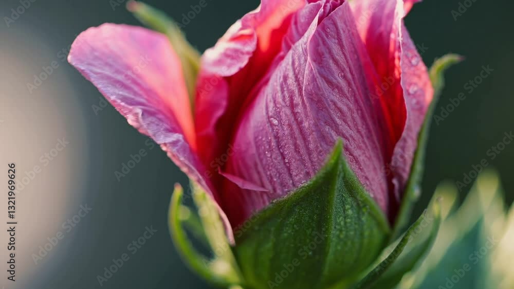hyper-realistic close-up captures the mesmerizing timelapse of a pink hibiscus flower blooming. The scene begins with a tightly closed bud hyper-realistic close-up captures the mesmerizing timelapse of a pink hibiscus flower blooming. The scene begins with a tightly closed bud