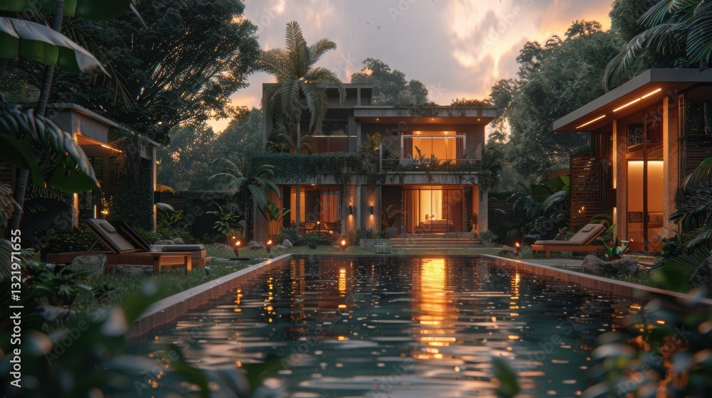 Obraz premium Serene Landscape of Luxury Villa with Pool at Sunset in Tropical Setting