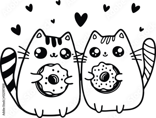 Cute Cartoon Cats Holding Donuts with Hearts in Love Doodle Style Art
