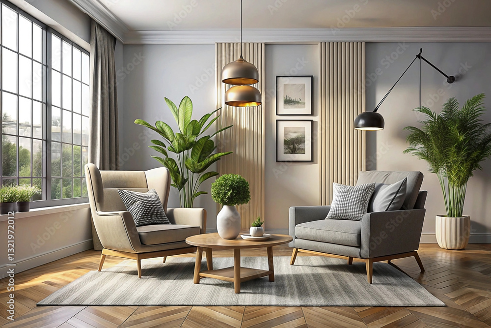 Fototapeta premium Modern living room with comfortable seating area, natural light, and stylish decor