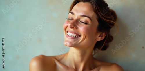 Smiling face enjoying shoulder rub, eyes closed , touch, healing photo