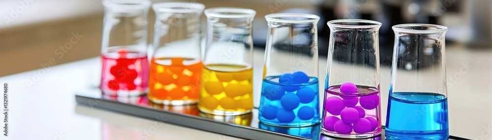Colorful liquids in beakers, lab setting, science research Colorful liquids in beakers, lab setting, science research